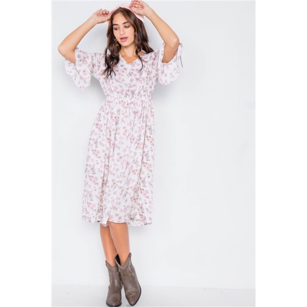 PINK & WHITE FLORAL FLOUNCE STRETCHY MIDI DRESS